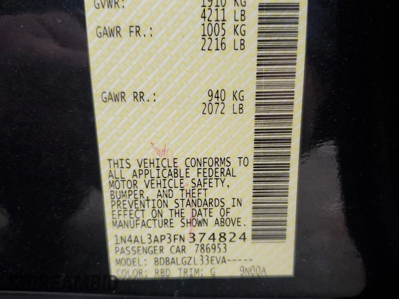 2015 Nissan Altima S with VIN 1N4AL3AP3FN374824, listed as a Copart auction lot 52120065 with 104,189 mi miles and Salvage Title. Bid and sale history available at DreamBid. Image 14.