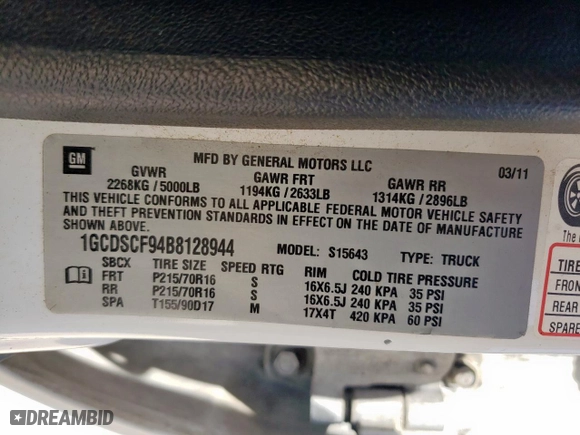 2011 Chevrolet Colorado LT w/1LT with VIN 1GCDSCF94B8128944, listed as a Copart auction lot 52516515 with 139,269 mi miles and Salvage Title. Bid and sale history available at carsss.com. Image 12.