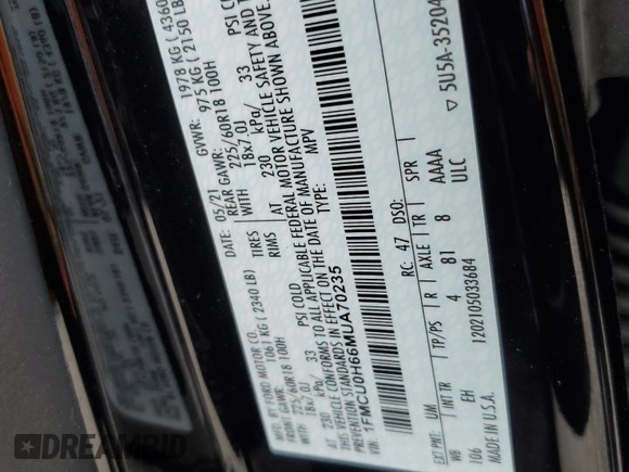 2021 Ford Escape SEL with VIN 1FMCU0H66MUA70235, listed as a Copart auction lot 56652395 with 48,766 mi miles and Salvage title. Bid and sale history available at DreamBid. Image 13.