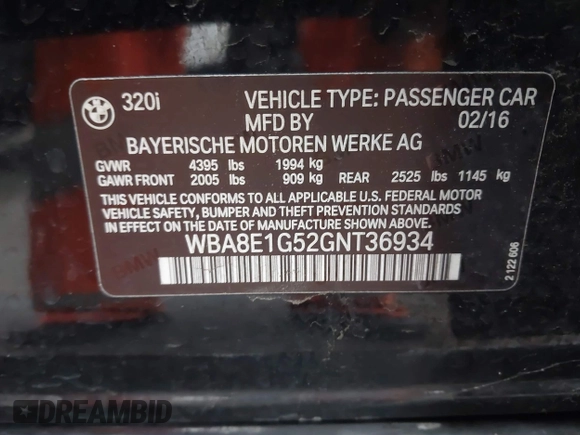 2016 BMW 3 Series 320i with VIN WBA8E1G52GNT36934, listed as a IAAI auction lot 41752109 with 100,178 mi miles and . Bid and sale history available at carsss.com. Image 9.
