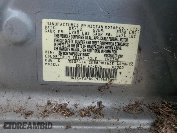 2012 Nissan Versa S with VIN 3N1CN7AP8CL918687, listed as a Copart auction lot 64091825 with 121,278 mi miles and Clean title. Bid and sale history available at DreamBid. Image 12.