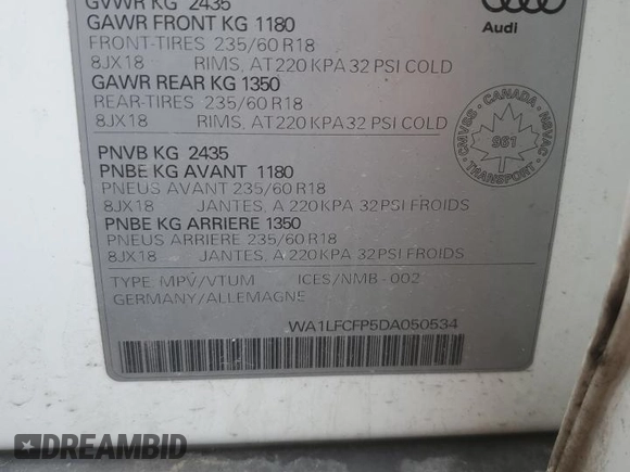 2013 Audi Q5 Premium z VIN WA1LFCFP5DA050534, wystawiony jako Copart lot #72890994 z przebiegiem Nie podano mil oraz Czysty tytuł • Clean title. Historia ofert i sprzedaży dostępna na DreamBid. Obrazek 13.