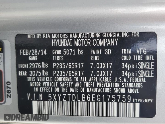 2014 Hyundai Santa Fe with VIN 5XYZTDLB6EG175759, listed as a Copart auction lot 59322125 with 154,074 mi miles and Salvage title. Bid and sale history available at DreamBid. Image 13.