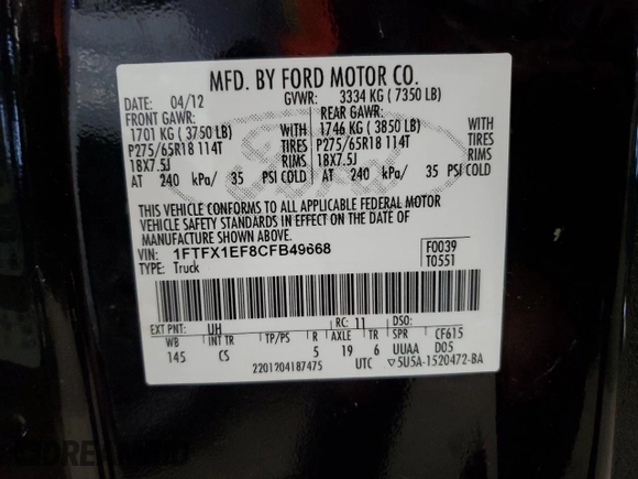 2012 Ford F-150 XL with VIN 1FTFX1EF8CFB49668, listed as a Copart auction lot 59544925 with 208,343 mi miles and Clean title. Bid and sale history available at DreamBid. Image 12.