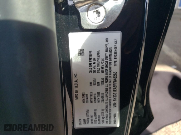2024 Tesla Model 3 with VIN 5YJ3E1EA5RF848265, listed as a Copart auction lot 46254355 with 0 mi miles and Salvage Title. Bid and sale history available at carsss.com. Image 14.