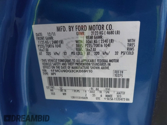 2012 Ford Escape XLT с VIN 1FMCU9DG3CKB69110, выставлен на аукционе IAAI как лот 42567037 с пробегом 144 145 миль миль и . История ставок и продаж доступна на DreamBid. Изображение 9.