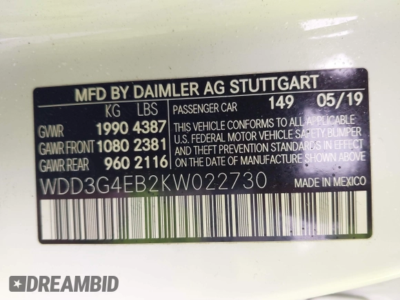 2019 Mercedes-Benz A 220 with VIN WDD3G4EB2KW022730, listed as a IAAI auction lot 41772751 with 85,508 mi miles and . Bid and sale history available at DreamBid. Image 9.