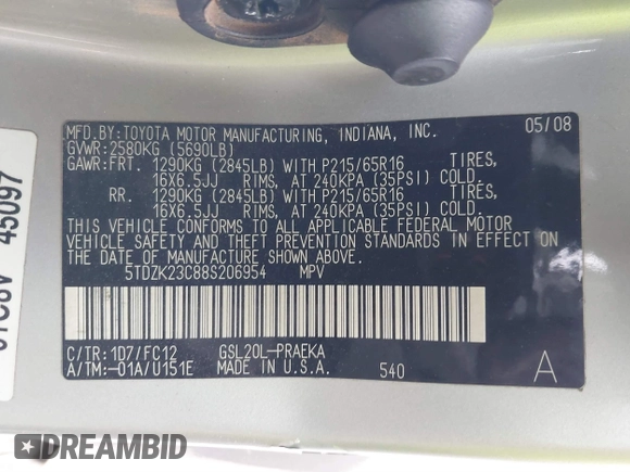 2008 Toyota Sienna CE with VIN 5TDZK23C88S206954, listed as a IAAI auction lot 41465223 with 53,824 mi miles. Bid and sale history available at carsss.com. Image 9.