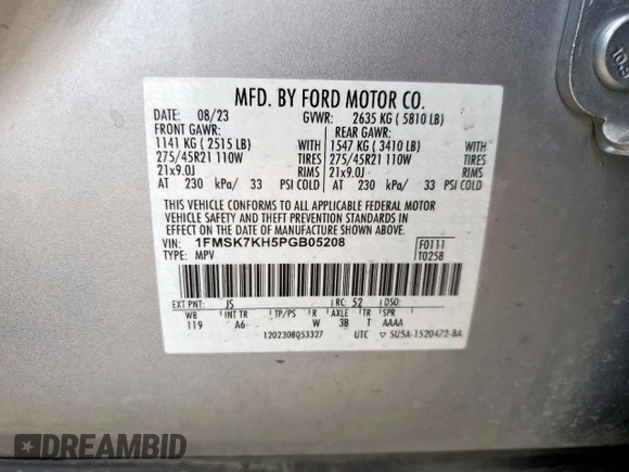 2023 Ford Explorer ST-Line с VIN 1FMSK7KH5PGB05208, выставлен на аукционе Copart как лот 64032885 с пробегом 35 251 миль миль и Списание • Salvage title. История ставок и продаж доступна на DreamBid. Изображение 13.