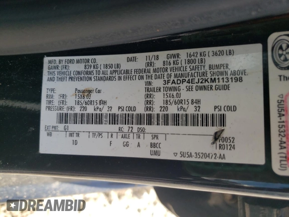 2019 Ford Fiesta SE z VIN 3FADP4EJ2KM113198, wystawiony jako Copart lot #55722435 z przebiegiem 126 943 mil mil oraz Szkoda całkowita • Salvage title. Historia ofert i sprzedaży dostępna na DreamBid. Obrazek 12.