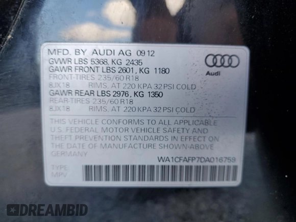 2013 Audi Q5 Premium with VIN WA1CFAFP7DA016759, listed as a Copart auction lot 47114005 with 193,609 mi miles and Clean Title. Bid and sale history available at carsss.com. Image 13.