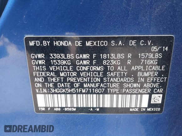 2015 Honda Fit LX z VIN 3HGGK5H51FM711607, wystawiony jako IAAI lot #42249495 z przebiegiem Nie podano mil oraz . Historia ofert i sprzedaży dostępna na DreamBid. Obrazek 9.