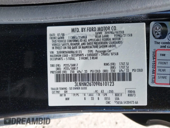 2009 Lincoln MKZ with VIN 3LNHM26T09R610123, listed as a IAAI auction lot 41679685 with 192,466 mi miles and . Bid and sale history available at DreamBid. Image 9.