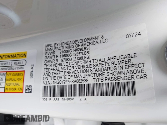 2024 Honda Accord Sport with VIN 1HGCY2F56RA082538, listed as a IAAI auction lot 42451751 with 4,694 mi miles and . Bid and sale history available at DreamBid. Image 9.
