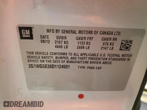 2013 Chevrolet Impala LT with VIN 2G1WG5E38D1124901, listed as a Copart auction lot 89372515 with 77,169 mi miles and Non Repairable. Bid and sale history available at DreamBid. Image 14.