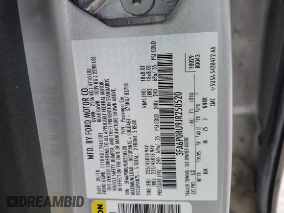 2018 Ford Fusion Hybrid Titanium with VIN 3FA6P0RU9JR250520, listed as a Copart auction lot 49533665 with 126,157 mi miles and Salvage Title. Bid and sale history available at carsss.com. Image 13.