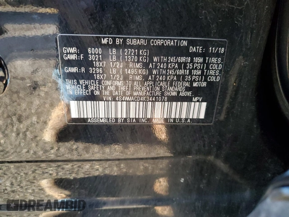 2019 Subaru Ascent Premium with VIN 4S4WMACD4K3441078, listed as a Copart auction lot 52522085 with 78,460 mi miles and Salvage title. Bid and sale history available at DreamBid. Image 14.