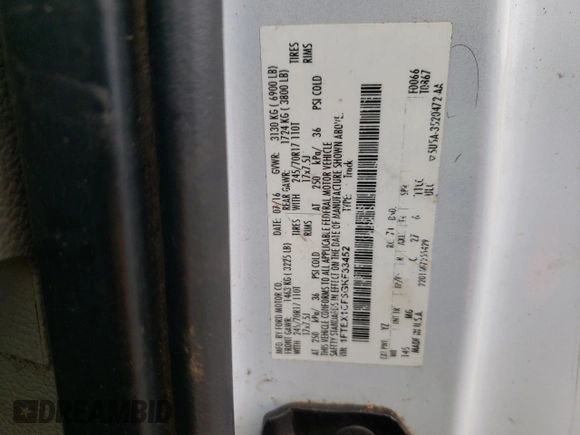 2016 Ford F-150 XL с VIN 1FTEX1CF5GKF33452, выставлен на аукционе Copart как лот 58073495 с пробегом 262 246 миль миль и Чистый • Clean title. История ставок и продаж доступна на DreamBid. Изображение 12.