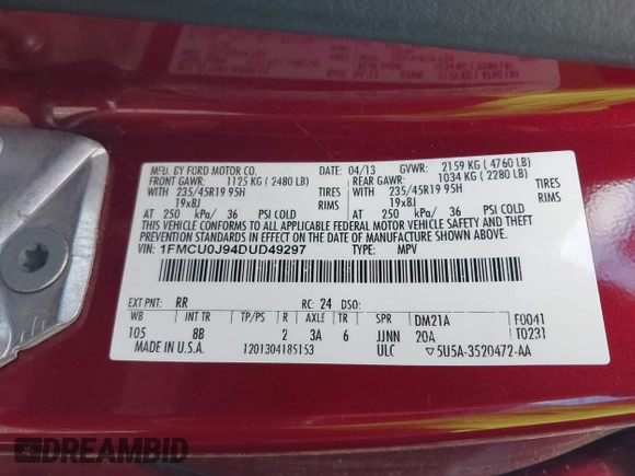 2013 Ford Escape Titanium with VIN 1FMCU0J94DUD49297, listed as a IAAI auction lot 42052161 with 95,420 mi miles. Bid and sale history available at carsss.com. Image 9.