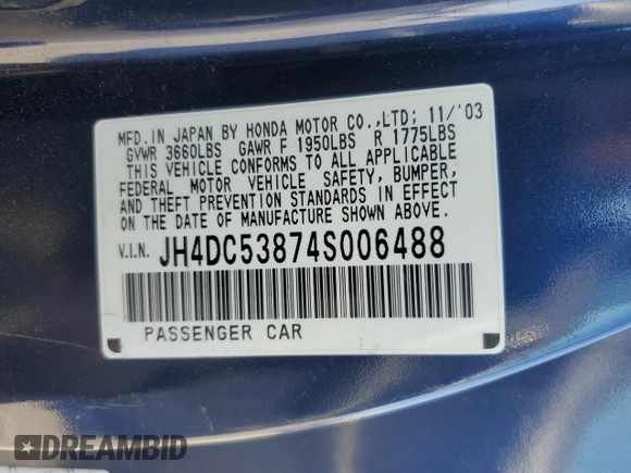 2004 Acura RSX с VIN JH4DC53874S006488, выставлен на аукционе Copart как лот 78675654 с пробегом Не указан миль и Списание • Salvage title. История ставок и продаж доступна на DreamBid. Изображение 14.