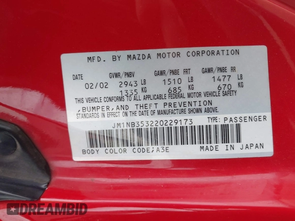 2002 Mazda MX-5 Miata Cloth with VIN JM1NB353220229173, listed as a IAAI auction lot 42344106 with 153,242 mi miles and . Bid and sale history available at DreamBid. Image 9.