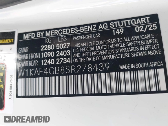 2025 Mercedes-Benz C 300 with VIN W1KAF4GB8SR278439, listed as a IAAI auction lot 42477822 with 566 mi miles and . Bid and sale history available at DreamBid. Image 9.