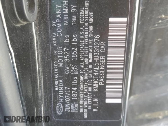 2017 Hyundai Accent SE z VIN KMHCT4AE5HU339276, wystawiony jako Copart lot #71662594 z przebiegiem 61 620 mil mil oraz Szkoda całkowita • Salvage title. Historia ofert i sprzedaży dostępna na DreamBid. Obrazek 14.