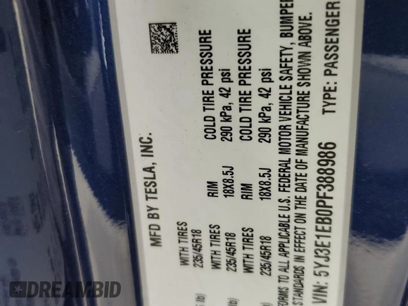 2023 Tesla Model 3 Long Range with VIN 5YJ3E1EB0PF388986, listed as a Copart auction lot 49823045 with 93,870 mi miles and Salvage Title. Bid and sale history available at DreamBid. Image 15.
