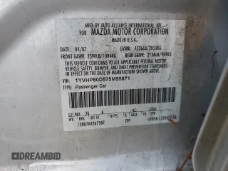 2007 Mazda 6 S Sport VE with VIN 1YVHP80D575M55871, listed as a Copart auction lot 84510974 with 106,165 mi miles and Salvage Title. Bid and sale history available at DreamBid. Image 12.