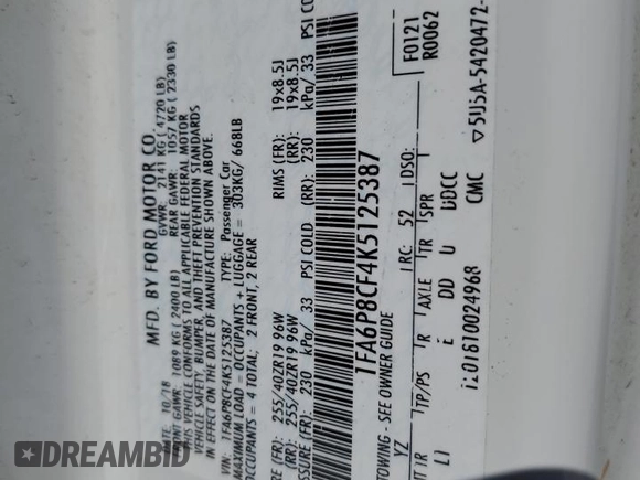 2019 Ford Mustang GT with VIN 1FA6P8CF4K5125387, listed as a Copart auction lot 47853315 with 46,302 mi miles and Salvage Title. Bid and sale history available at carsss.com. Image 13.