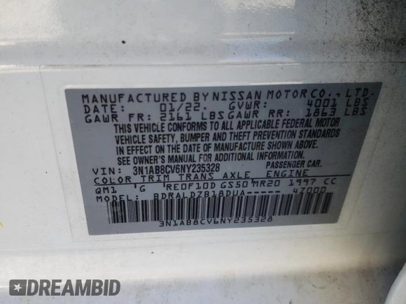 2022 Nissan Sentra SV with VIN 3N1AB8CV6NY235328, listed as a Copart auction lot 82178844 with 57,413 mi miles and Salvage Title. Bid and sale history available at DreamBid. Image 12.