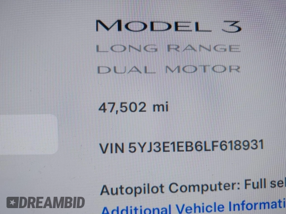 2020 Tesla Model 3 Long Range with VIN 5YJ3E1EB6LF618931, listed as a IAAI auction lot 41867451 with 47,502 mi miles and . Bid and sale history available at DreamBid. Image 7.
