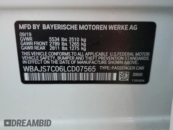 2020 BMW 5 Series M550i xDrive with VIN WBAJS7C06LCD07565, listed as a Copart auction lot 42618365 with Not provided miles and Non repairable. Bid and sale history available at DreamBid. Image 15.