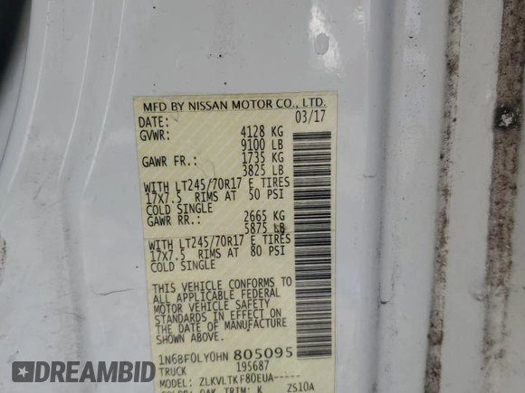 2017 Nissan NV Cargo SV z VIN 1N6BF0LY0HN805095, wystawiony jako Copart lot #53978975 z przebiegiem 131 896 mil mil oraz Szkoda całkowita • Salvage title. Historia ofert i sprzedaży dostępna na DreamBid. Obrazek 12.