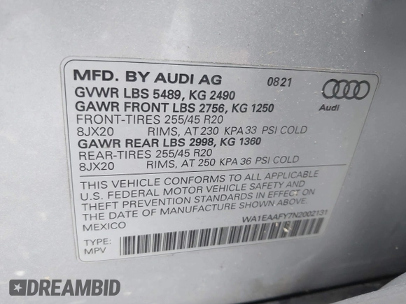 2022 Audi Q5 S line Premium Plus with VIN WA1EAAFY7N2002131, listed as a IAAI auction lot 42496307 with 25,840 mi miles and . Bid and sale history available at DreamBid. Image 9.