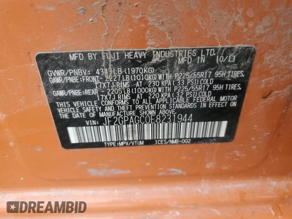 2014 Subaru Crosstrek Limited с VIN JF2GPAGC0E8231944, выставлен на аукционе Copart как лот 57617445 с пробегом 331 539 миль миль и Списание • Salvage title. История ставок и продаж доступна на DreamBid. Изображение 13.