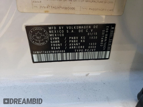2015 Volkswagen Golf GTI Autobahn with VIN 3VW4T7AUXFM065606, listed as a Copart auction lot 58923414 with 0 mi miles and Salvage Title. Bid and sale history available at carsss.com. Image 12.