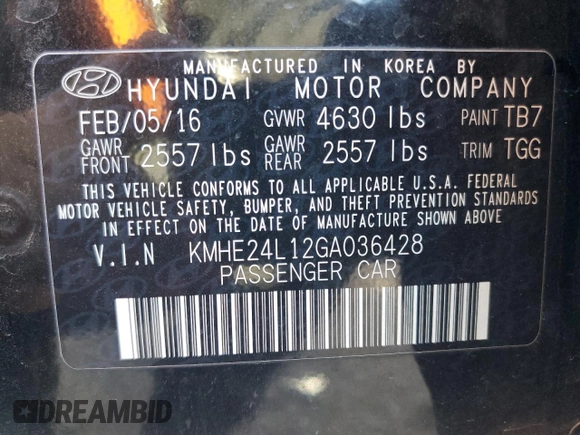 2016 Hyundai Sonata Hybrid SE with VIN KMHE24L12GA036428, listed as a Copart auction lot 48933603 with 58,947 mi miles. Bid and sale history available at carsss.com. Image 12.