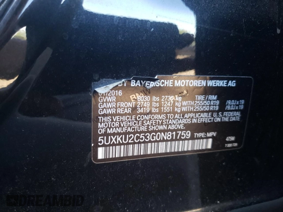 2016 BMW X6 xDrive35i with VIN 5UXKU2C53G0N81759, listed as a Copart auction lot 55359052 with 81,674 mi miles. Bid and sale history available at carsss.com. Image 10.