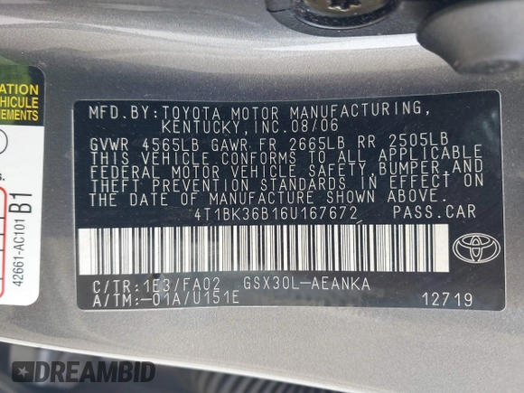 2006 Toyota Avalon XL with VIN 4T1BK36B16U167672, listed as a IAAI auction lot 41881089 with 166,119 mi miles and . Bid and sale history available at DreamBid. Image 9.