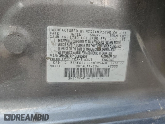 2016 Nissan Versa S Plus z VIN 3N1CN7AP1GL905656, wystawiony jako Copart lot #55961985 z przebiegiem 168 200 mil mil oraz Szkoda całkowita • Salvage title. Historia ofert i sprzedaży dostępna na DreamBid. Obrazek 13.