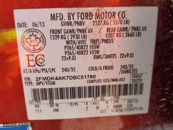 2013 Ford Edge Sport with VIN 2FMDK4AK7DBC51780, listed as a Copart auction lot 53848825 with 215,385 mi miles and Salvage Title. Bid and sale history available at carsss.com. Image 13.