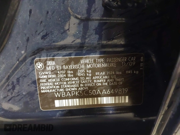 2010 BMW 3 Series 328i xDrive with VIN WBAPK5C50AA649819, listed as a IAAI auction lot 42867687 with 282,729 mi miles and . Bid and sale history available at DreamBid. Image 9.
