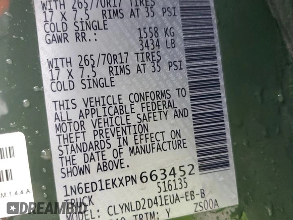 2023 Nissan Frontier SV with VIN 1N6ED1EKXPN663452, listed as a Copart auction lot 53535295 with 17,522 mi miles and Salvage title. Bid and sale history available at DreamBid. Image 12.