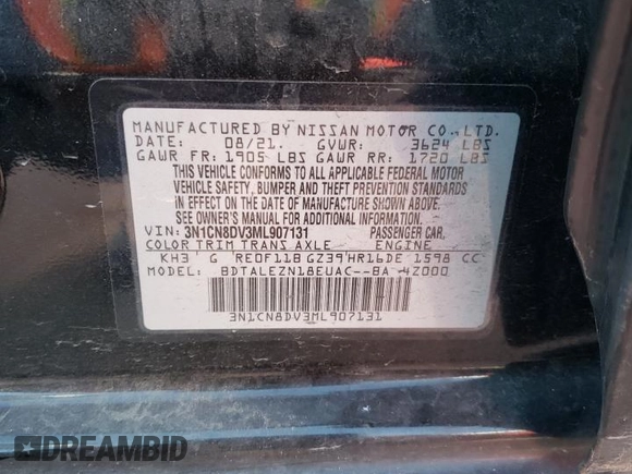 2021 Nissan Versa S with VIN 3N1CN8DV3ML907131, listed as a Copart auction lot 48687055 with 28,266 mi miles and Salvage Title. Bid and sale history available at carsss.com. Image 12.