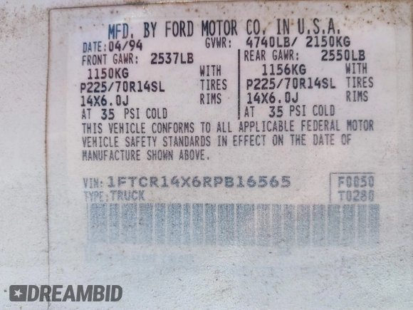 1994 Ford Ranger Splash with VIN 1FTCR14X6RPB16565, listed as a IAAI auction lot 41562316 with 178,666 mi miles. Bid and sale history available at carsss.com. Image 9.
