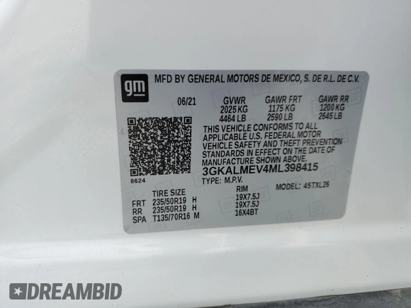 2021 GMC Terrain SLE z VIN 3GKALMEV4ML398415, wystawiony jako Copart lot #52561875 z przebiegiem 54 374 mil mil oraz Szkoda całkowita • Salvage title. Historia ofert i sprzedaży dostępna na DreamBid. Obrazek 15.