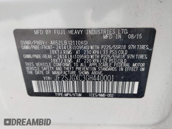 2016 Subaru Forester 2.0XT Touring with VIN JF2SJGXC3GH440001, listed as a IAAI auction lot 41479513 with 120,476 mi miles. Bid and sale history available at carsss.com. Image 9.