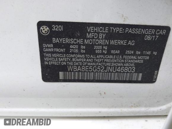 2018 BMW 3 Series 320i xDrive with VIN WBA8E5G52JNU46803, listed as a IAAI auction lot 41869625 with 67,057 mi miles. Bid and sale history available at carsss.com. Image 9.