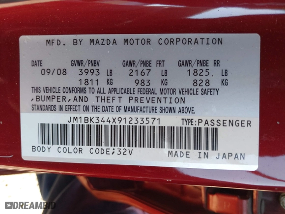 2009 Mazda Mazda3 s Touring with VIN JM1BK344X91233571, listed as a IAAI auction lot 41970093 with 156,173 mi miles. Bid and sale history available at carsss.com. Image 9.